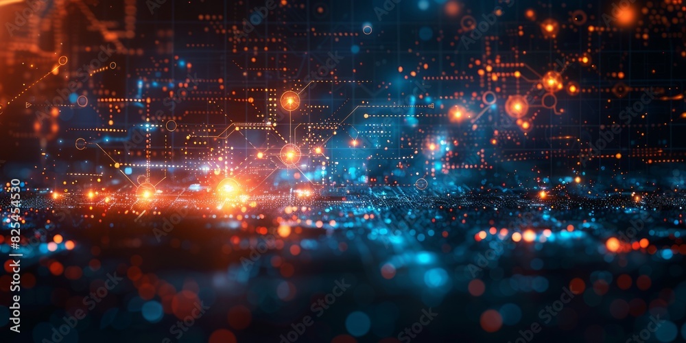 Abstract digital network with glowing nodes and connections in a dark background