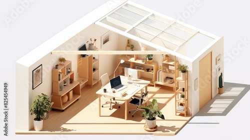 Isometric Vector of Muji House Office with Skylights A home office in a Muji house, featuring minimalist furniture, a clean workspace, and skylights that provide ample daylight for a productive enviro photo