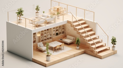 Isometric Vector of Muji House Staircase with Skylights A staircase in a Muji house, featuring a minimalist design with natural wood steps and skylights that provide natural light throughout the day. photo