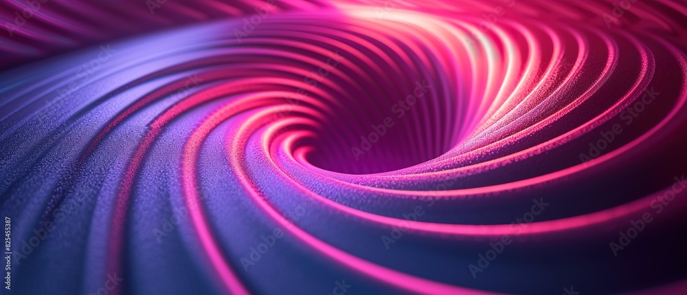Graphic design art of abstract illusion of spiral with geometric shapes of pink and violet neon lines.