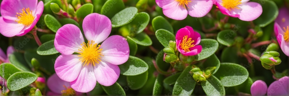 Pink purslane flower in pale green leaves. The banner. Pink purslane flower in pale green leaves. The banner.