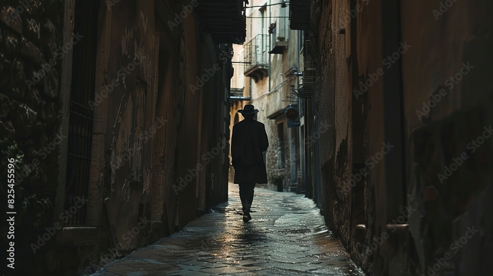 Darkened silhouette of a tourist wandering through a maze of narrow alleyways Darkened silhouette of a tourist wandering through a maze of narrow alleyways