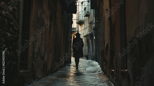 Darkened silhouette of a tourist wandering through a maze of narrow alleyways © Cloudyew
