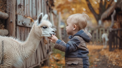 Cute toddler boy looking at an alpaca at a farm zoo on autumn day Children feeding a llama on an animal farm Kids at a petting zoo at fall Active leisure children outdoor