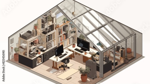 Isometric Vector of Muji House Art Studio with Skylights An art studio in a Muji house, designed with clean lines, functional workspaces, and skylights that provide perfect lighting for creative work. photo