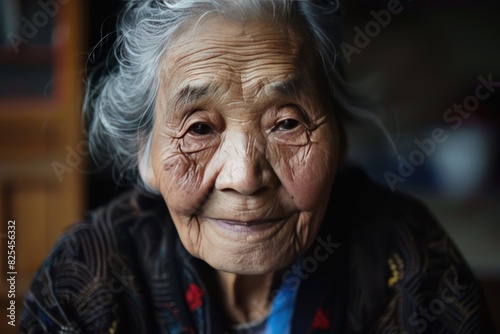 A woman with gray hair and wrinkles on her face is smiling