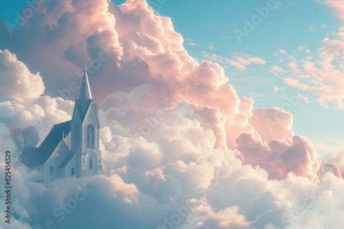 Tranquil church steeple rises elegantly against a backdrop of soft, ethereal clouds in pastel sunset hues photo