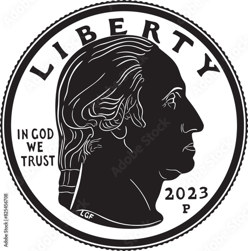 Quarter dollar coin vector design American currency 2023 handmade silhouette.