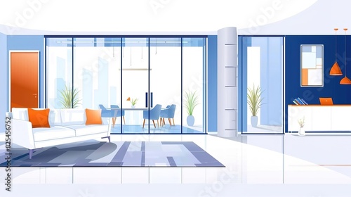 Sleek white couch in a spacious modern living area, minimalist decor, light grey rug, glass sliding doors, soft sunlight, panoramic view, slightly elevated angle