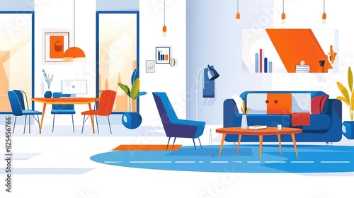 Clean geometric lines in a modern living room, white walls, sleek furniture, minimal decor, abundant natural light, wide-angle shot, front-facing © K-MookPan