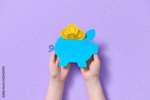 Paper cut style Money savings in pink piggy with gold coin