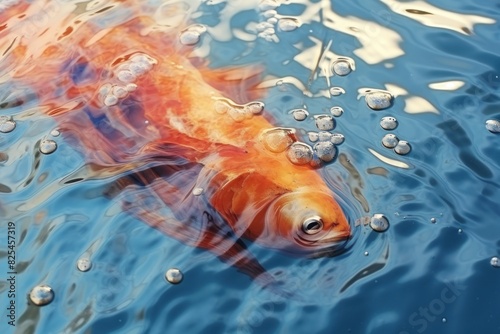 Dead fish in water due to oil leaking pollution.