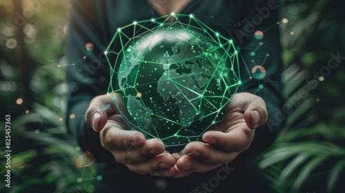 Human hands holding a virtual globe with network connection with environment green background.