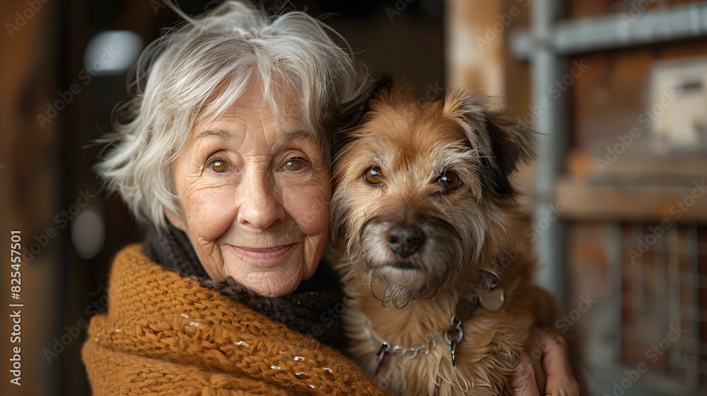 A woman smiles as she holds her small, brown dog close. A woman smiles as she holds her small, brown dog close.