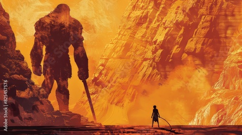 Dramatic poster design of David facing Goliath