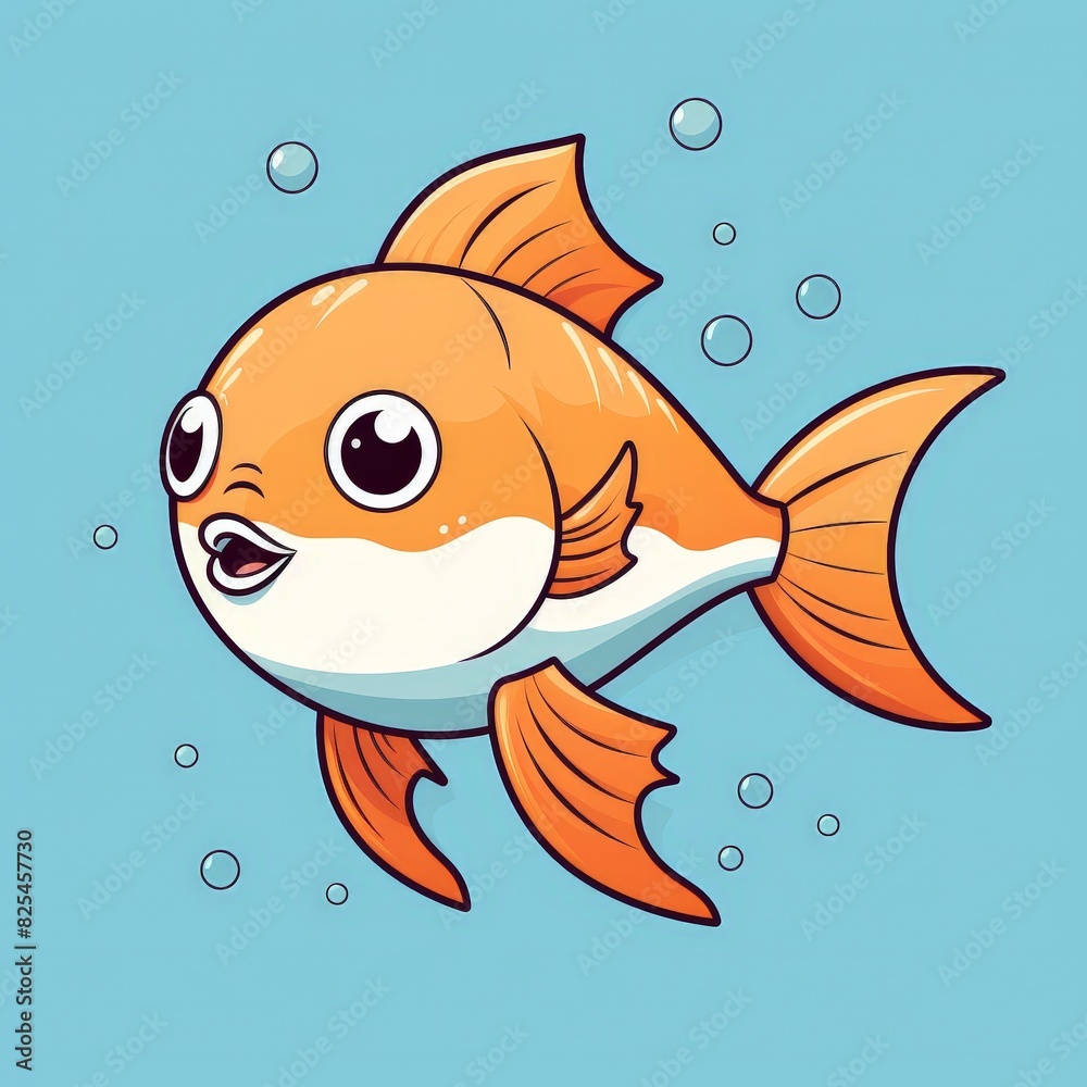 A cute cartoon illustration of a summer fish wearing a tiny swimsuit with a simple flat design