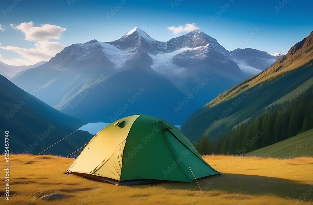 Tourist tent against the backdrop of mountains