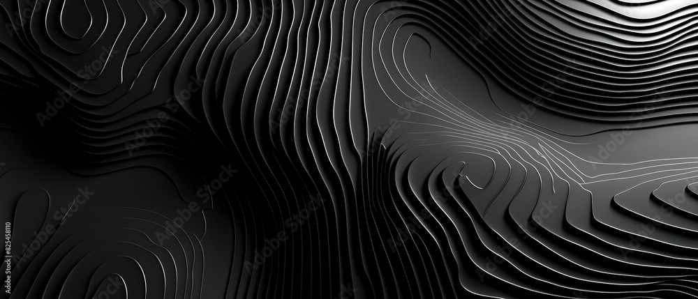 Black abstract background design. Modern wavy line pattern (guilloche curves) in monochrome colors. Premium stripe texture for banner, business backdrop. Dark horizontal vector template. Black abstract background design. Modern wavy line pattern (guilloche curves) in monochrome colors. Premium stripe texture for banner, business backdrop. Dark horizontal vector template.