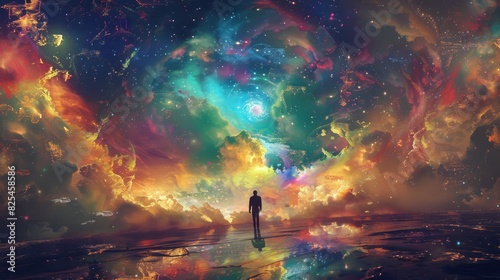 A man is walking through a colorful, starry sky