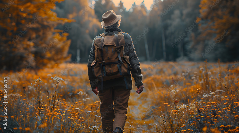 Fototapeta premium A lone figure walks through a forest in autumn, with colorful leaves on the ground, a misty background and a sense of mystery.