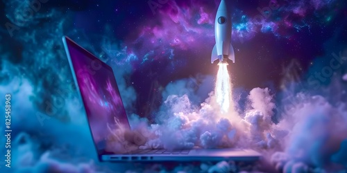 Symbolic Rocket Launch from Laptop Screen: A Metaphor for Innovative Startup Business Initiation. Concept Metaphors, Startup Business, Rocket Launch, Innovative Initiatives, Laptop Screen