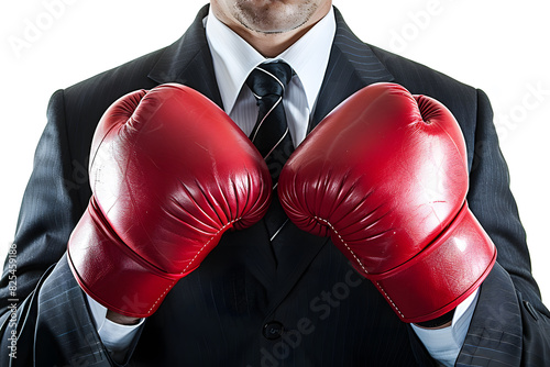 A well dressed sales business man standing with red boxing gloves on his hand in front of white background © Kenishirotie