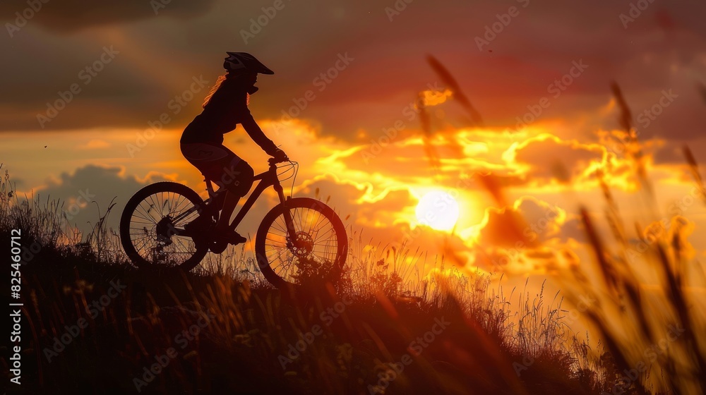 custom made wallpaper toronto digitalDynamic silhouette of a woman mountain biking on rugged trails at sunset.