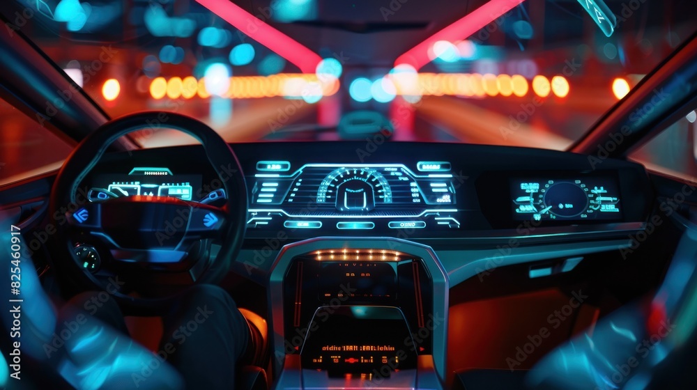 Futuristic cockpit of self-driving vehicle with digital HUD speedometer technology. Generated AI image