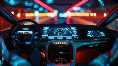 Futuristic cockpit of self-driving vehicle with digital HUD speedometer technology. Generated AI image © Leafart