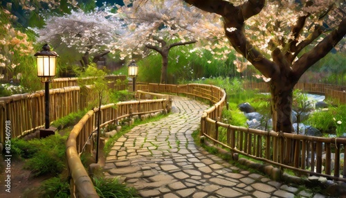 A peaceful garden with winding stone paths  blooming cherry blossoms  and a bamboo fence in the background.