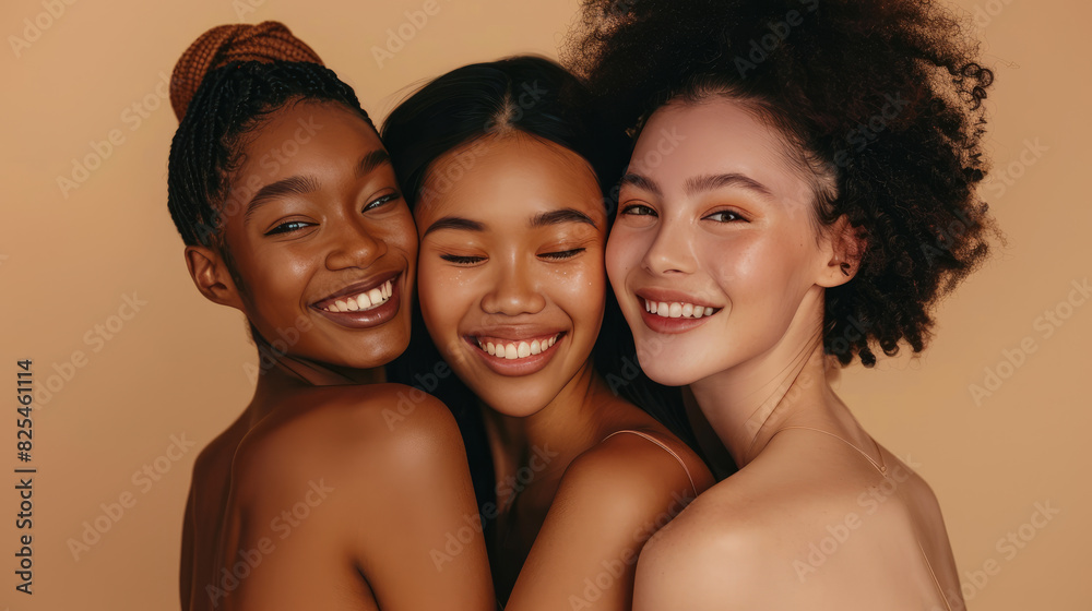 Three diverse young women with radiant smiles embrace against a warm beige background. Three diverse young women with radiant smiles embrace against a warm beige background.