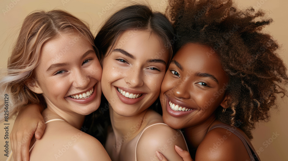 Three diverse young women embrace and smile brightly against a beige background. Three diverse young women embrace and smile brightly against a beige background.
