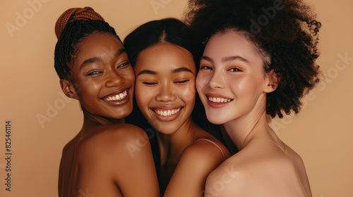 Three diverse young women with radiant smiles embrace against a warm beige background.