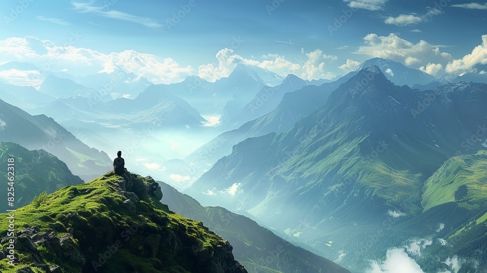 Fotografie A person is sitting on a mountain top, looking out over a vast, green landscape