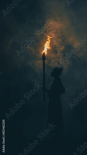Empty space with the silhouette of a woman holding a torch