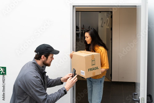 Carrier delivers package at woman's home