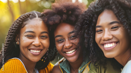 African American young women smiling together, best friends, celebrating international women's day with girls power photo