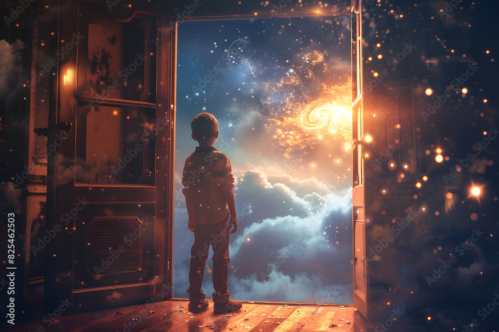 The child looks out the door into the imaginary fantasy world The child looks out the door into the imaginary fantasy world