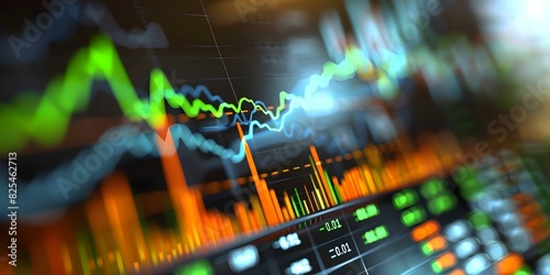 Graph illustrating significant increase in stock prices with green arrow symbolizing surge. Concept Stock Market Performance, Surging Prices, Financial Growth, Investment Trends, Market Trends photo