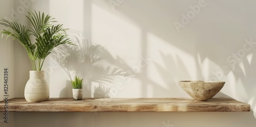 modern wooden sideboard with plants and vases on a white background  a mockup for an interior design composition. Web banner with space for copy in the style of a modern minimalistic style.