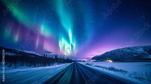 Beautiful aurora northern lights in night sky with highway and snow forest in winter. photo