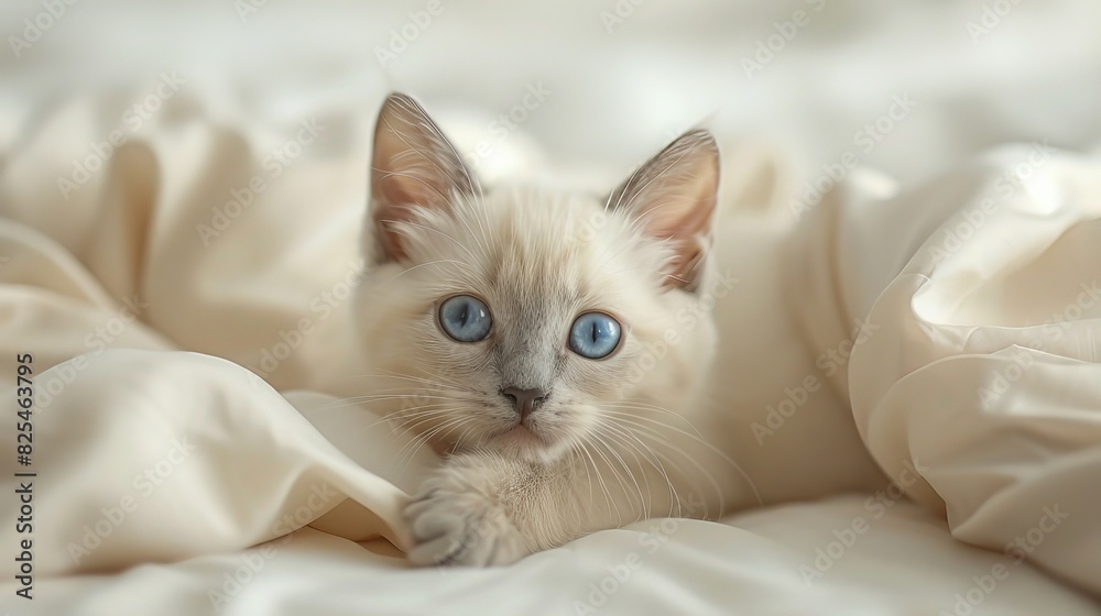 White Kitten With Blue Eyes Peeking From Under Blanket