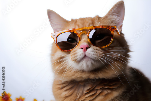 Happy smile kitty Cat wear sunglasses with summer season costume isolated on background  pets summer  lovely cat  holiday vacation. 