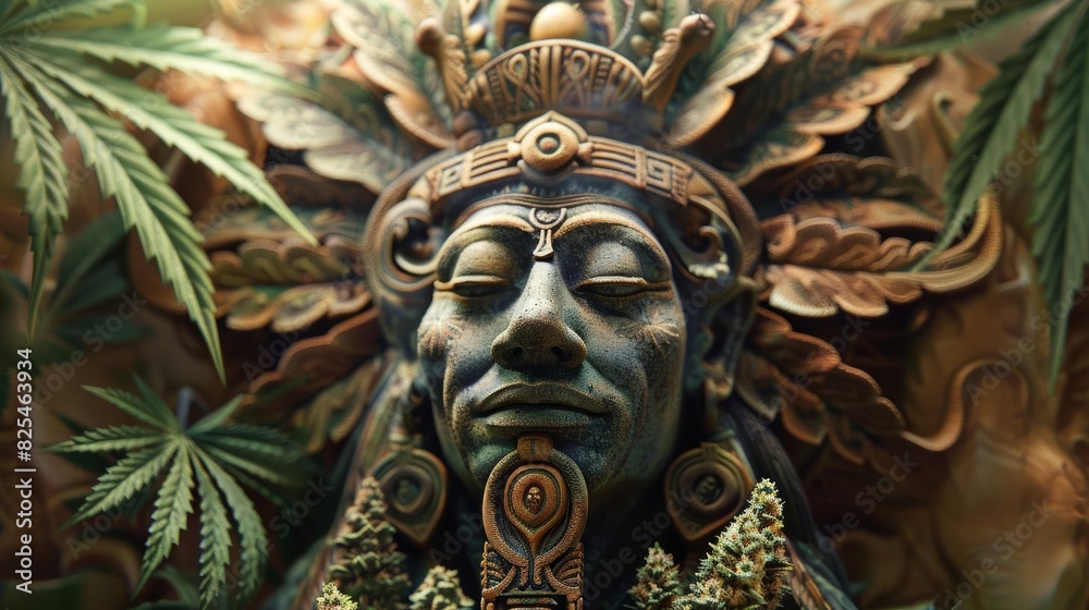 An ancient deity associated with cannabis, depicted in a mystical, symbolic style inspired by ancient cultures An ancient deity associated with cannabis, depicted in a mystical, symbolic style inspired by ancient cultures