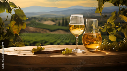 Glass of wine winery concept background in garden vineyards soft focus . Sipping Serenity  Wine Glass Amidst Vineyard Garden Soft Focus