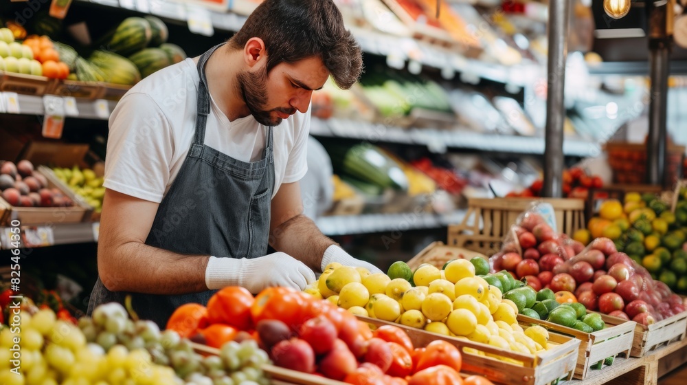 Employee worker working on foot stand in a grocery store. Employee worker working on foot stand in a grocery store.