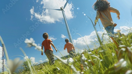 Children Playing in a Wind Turbine Field - Generative AI