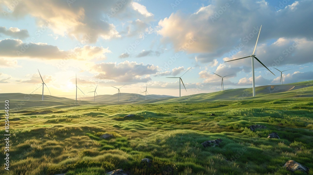 Wind turbines in a vibrant green field - Generative AI