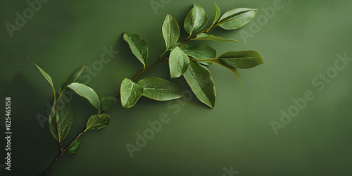 A green branch with leaves on a green background.