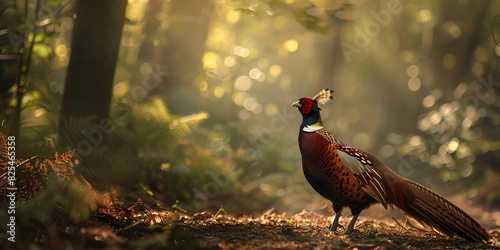 A male ring-necked pheasant stands in a forest clearing surrounded by ferns and bokeh light effects. photo